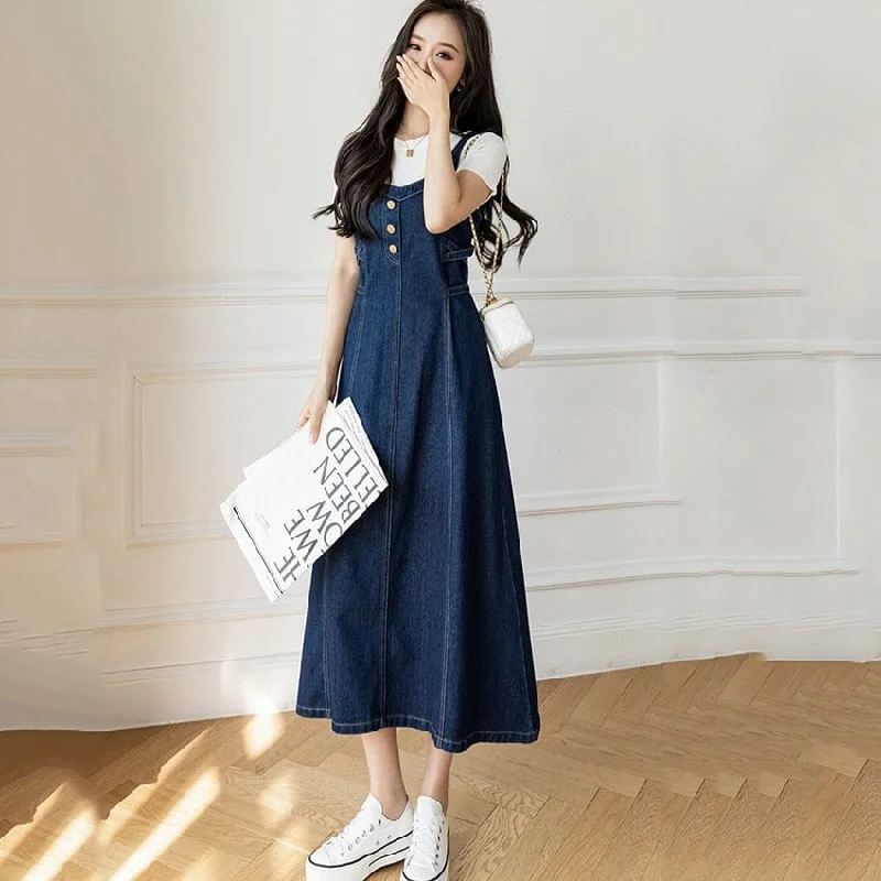 Denim dress with adjustable straps--Spaghetti Strap Long Denim Dress
