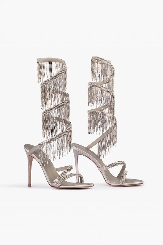 Stylish Open Toe Heels for Summer--Sparkly Silver Beading Strappy Tassels Open Toe High Heels