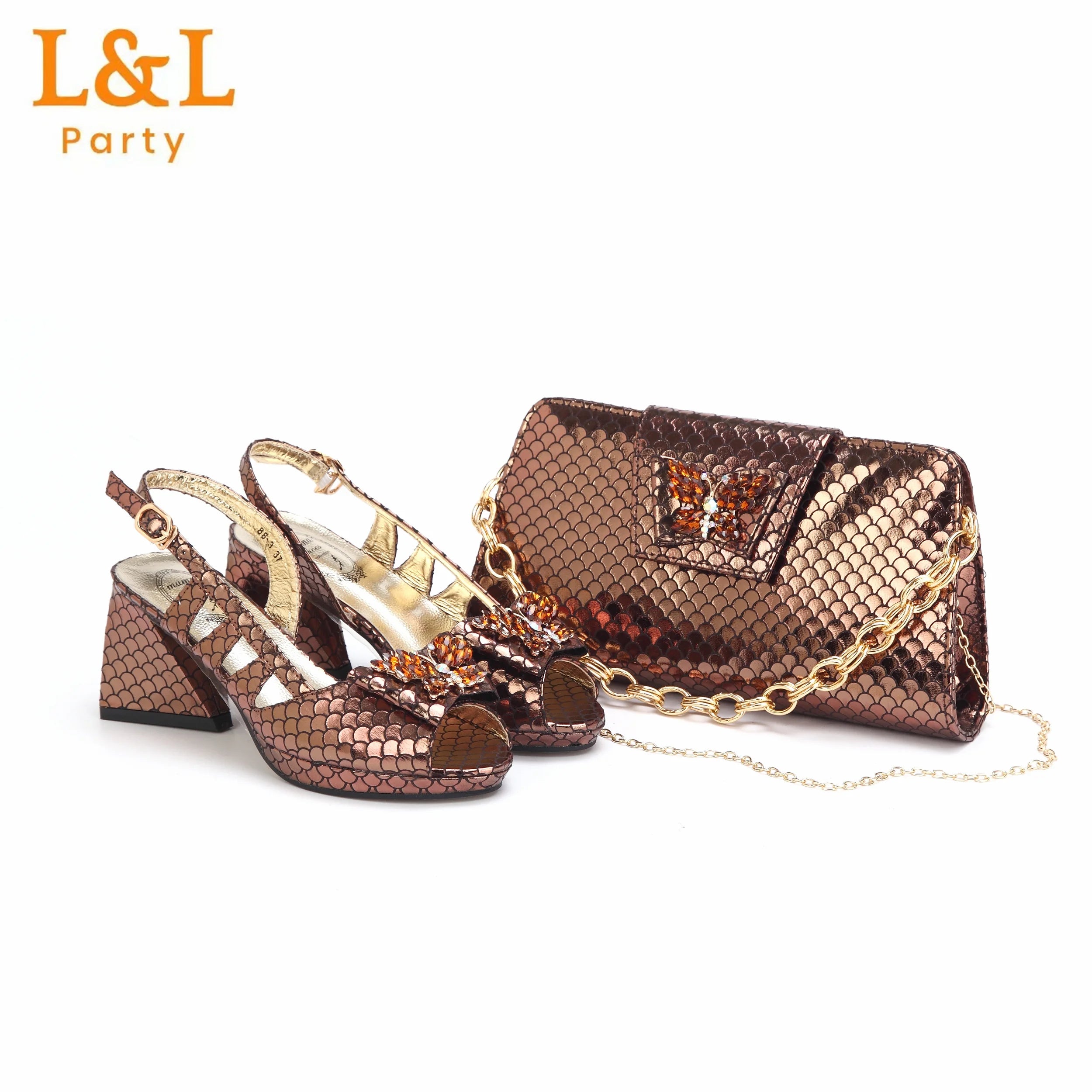 Peep Toe Hollow Fish Scale Design Ladies Shoes Matching Bag Set