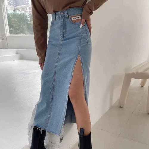 Women's denim skirts for brunch dates and casual events -Straight Cut Denim Split Skirt Women's denim skirts for brunch dates and casual events -Straight Cut Denim Split Skirt