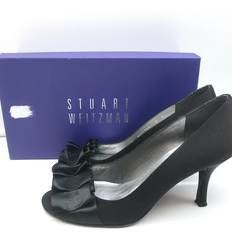 Stylish Open Toe Heels for Summer--Stuart Weitzman Gigiritz Ruffle Pumps Black Satin Size 8 Open Toe Heels