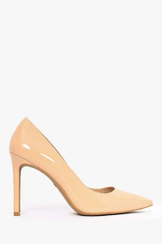 Sleek and Shiny Patent Pump Heels for a Polished Look--Stuart Weitzman Nude Patent Pointed Heels Size 10.5