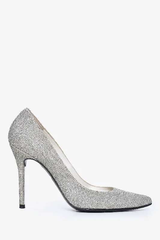 Stiletto Heel Pumps with Perfect Fit--Stuart Weitzman Silver Sparkled Pointed Toe Heels Size 6-Fashionable & Classic