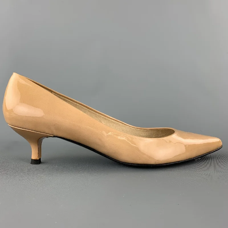 Sleek and Shiny Patent Pump Heels for a Polished Look--STUART WEITZMAN Size 9.5 Beige Patent Leather Kitten Heel Pumps