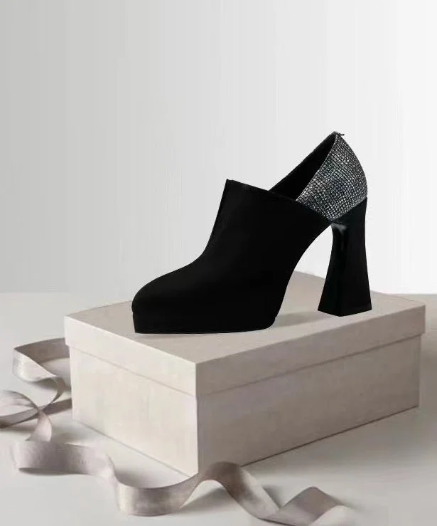 Affordable Suede Ankle Pumps for All-Day Wear--Stylish Black Suede High Heel Sequins Splicing