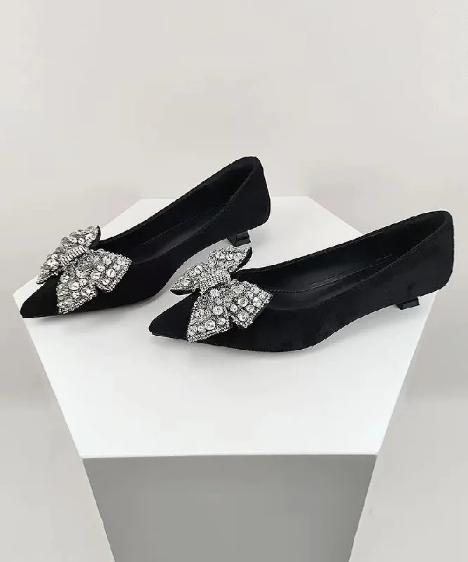 Stylish Black Suede Splicing Zircon Bow Kitten Shoes---Fashionable Kitten Heels for Date Night