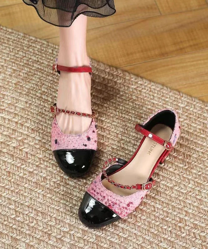 Trendy Chunky Heel Pumps for Casual Wear--Stylish Buckle Strap Splicing Rose Faux Leather Loafer Shoes