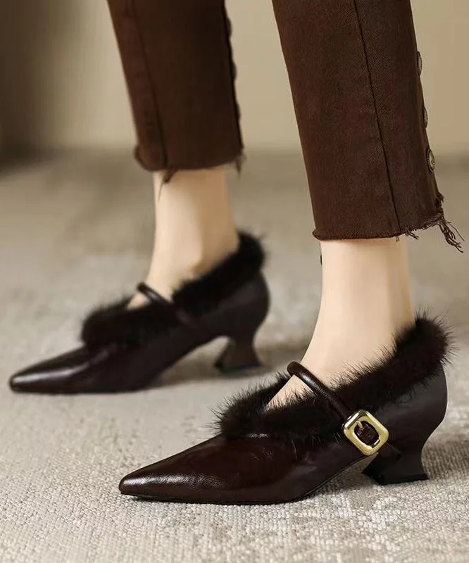 Stiletto Heel Pumps with Perfect Fit--Stylish Chocolate Pointed Toe High Heel Sheepskin Mink Hair Lined-Fashionable & Classic