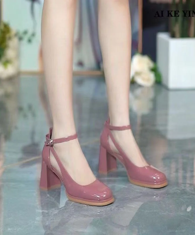 Stylish Faux Leather Rose Splicing Buckle Strap Chunky Heel---Comfortable Leather Pumps for Office and Everyday Wear