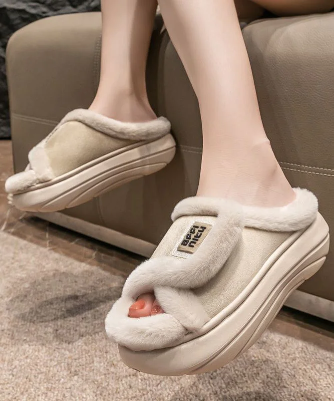 Stylish Platform Heels for Extra Height--Stylish Khaki Fuzzy Fur Slippers Shoes Platform