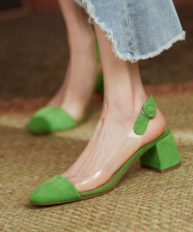 Versatile Dress Heels for Formal and Casual Wear---Stylish Splicing Clear Chunky High Heels Green Velour