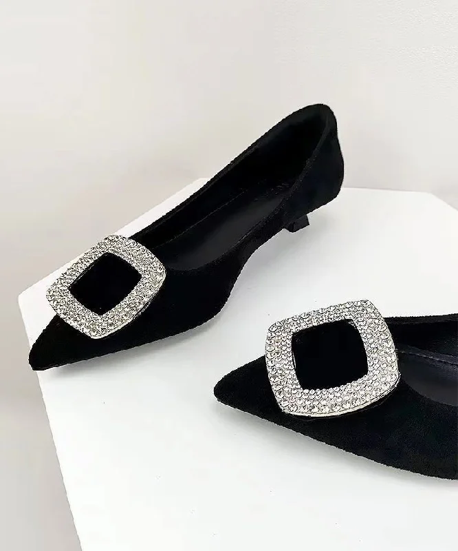 Stylish Zircon Splicing Black Suede Kitten Heel---Fashionable Kitten Heels for Date Night