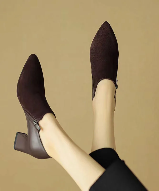 Affordable Suede Ankle Pumps for All-Day Wear--Suede Zippered Splicing Boutique Brown Chunky Heels Pointed Toe