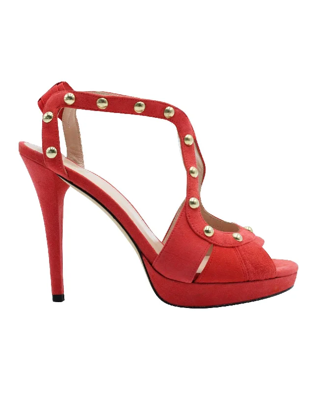 Affordable Suede Ankle Pumps for All-Day Wear--Orange/Red Suede Heels with Golden Studs