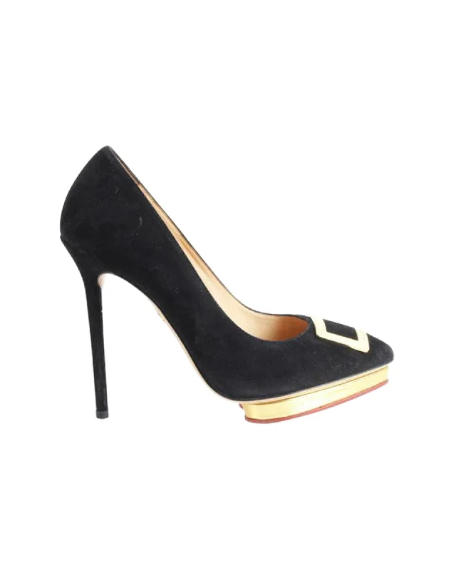 Affordable Suede Ankle Pumps for All-Day Wear--Black Suede Platform Pumps with Gold Buckle Accent