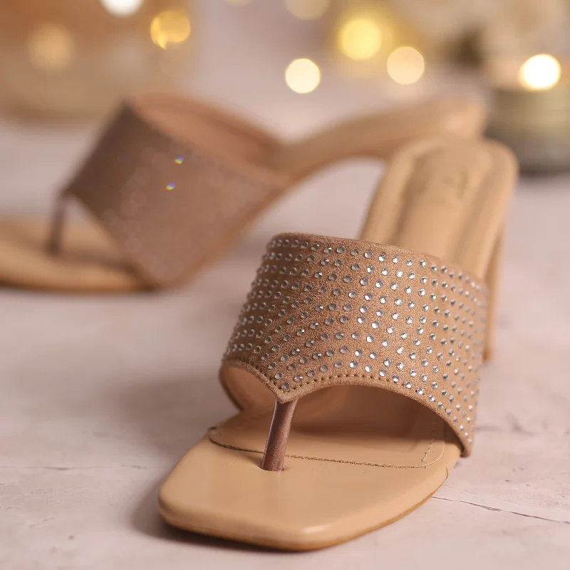 Versatile Heeled Sandals for Any Occasion---Swarovski Studded Heels-Beige