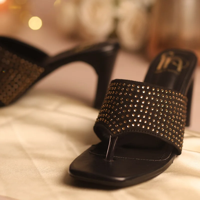 Versatile Heeled Sandals for Any Occasion---Swarovski Studded Heels-Black