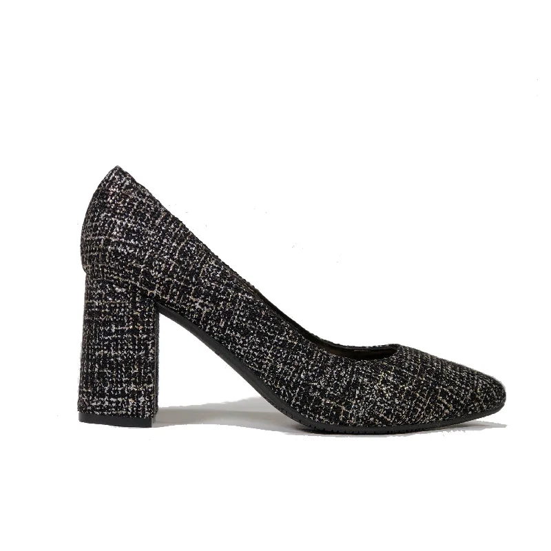 'Tanya 2' vegan high heel by Zette Shoes - black/silver textile---Fashionable Kitten Heels for Date Night