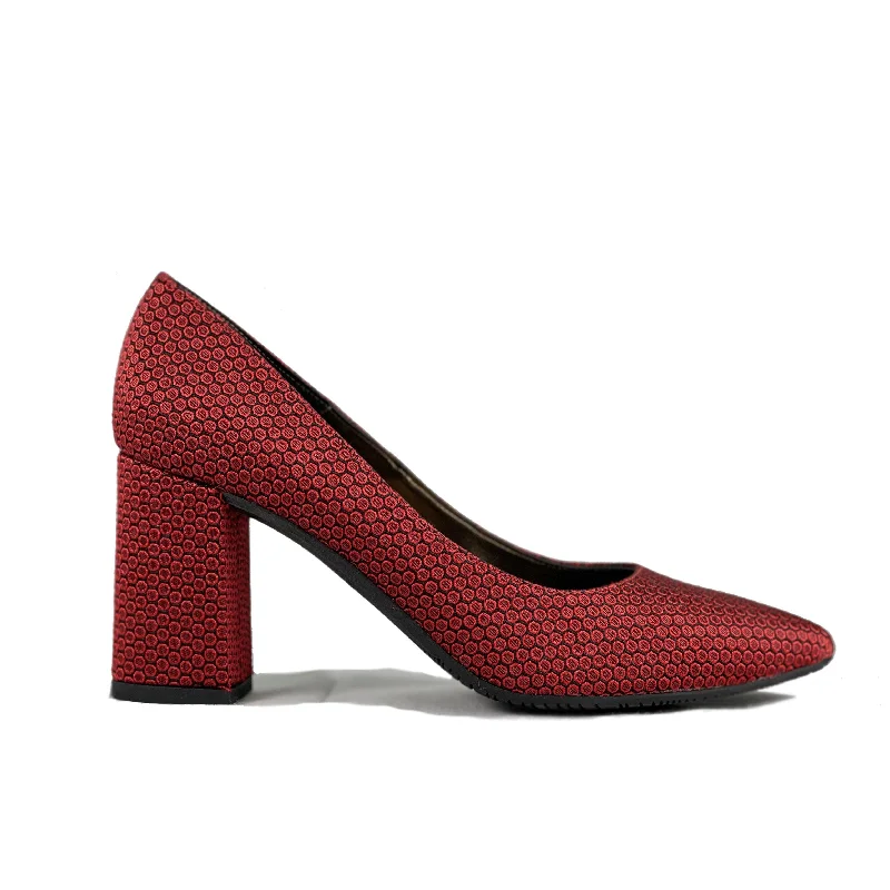 'Tanya 2'  vegan red-patterned high heel by Zette Shoes---Fashionable Kitten Heels for Date Night