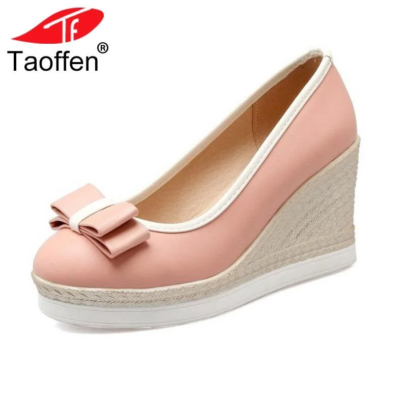 TAOFFEN Classic Brand Women Wedges High Heels Platform Round Toe Pumps Women Girls Bowtie Slip-on Zapatos Mujer Shoes Size 33-43---Charming Bow Pumps for a Cute and Stylish Look