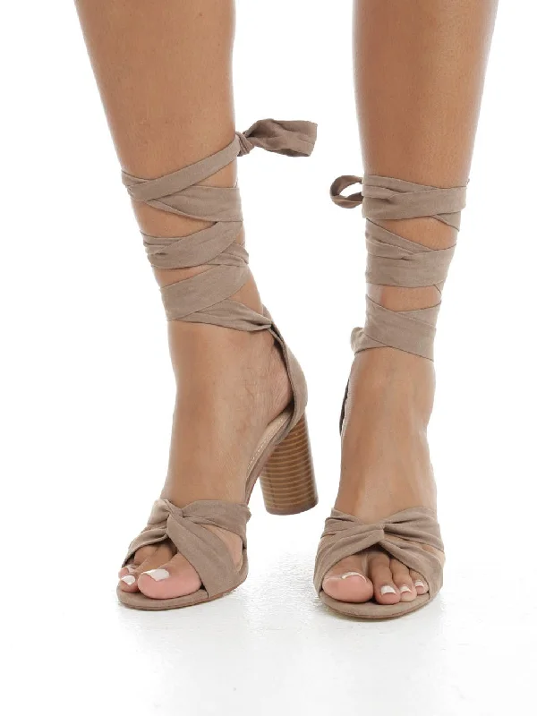 Taupe Annie Tie-Up Heels---Fashionable Kitten Heels for Date Night