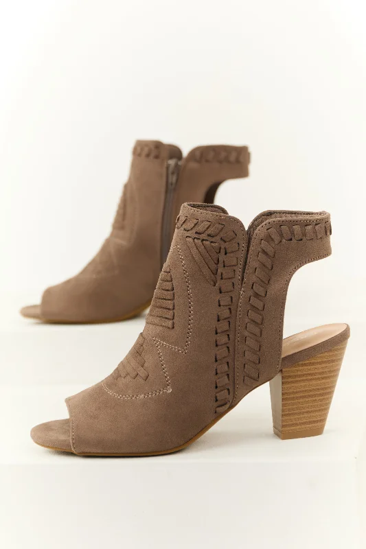 Affordable Suede Ankle Pumps for All-Day Wear--Taupe Faux Suede Open Toe Ankle Heels