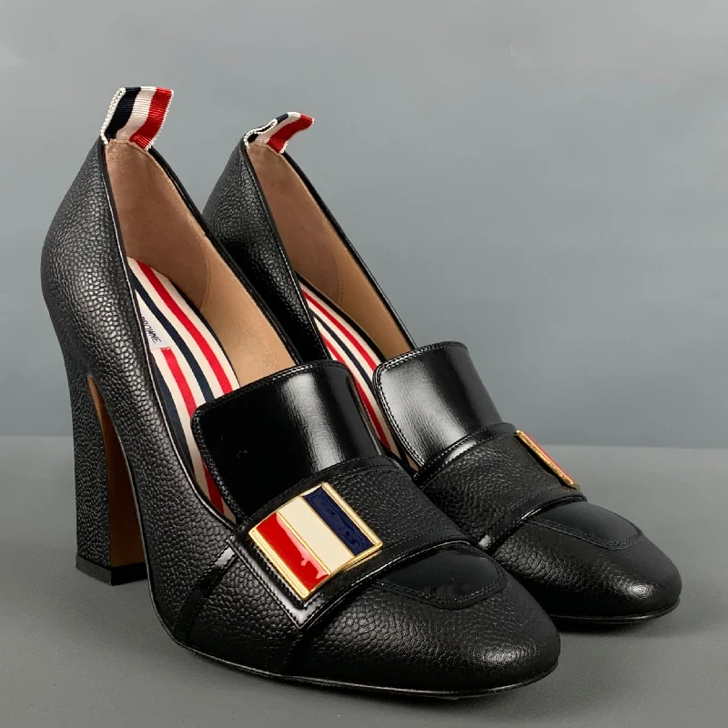 THOM BROWNE Size 8 Black Red & White Leather Mixed Materials Pebble Grain Pumps---Comfortable Leather Pumps for Office and Everyday Wear