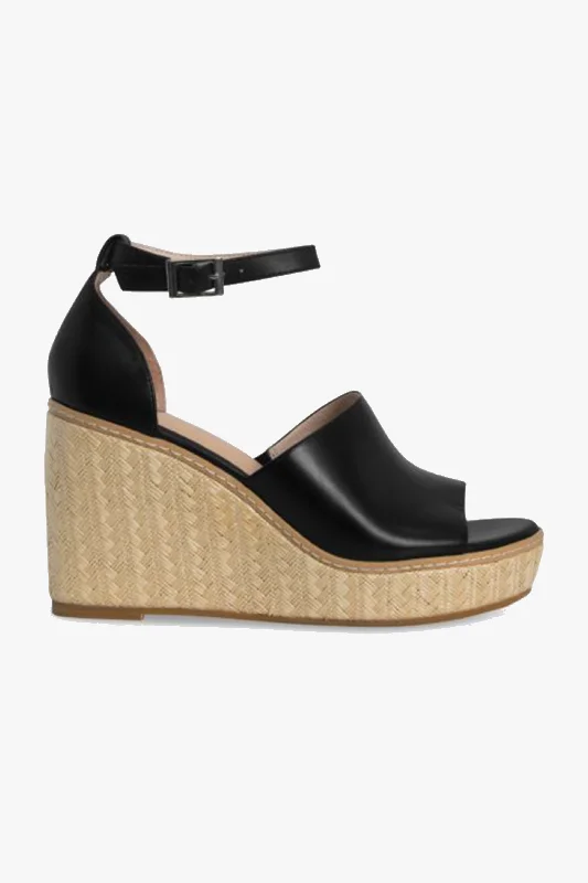 Stylish Ankle Strap Heels for Women--Tilley Black Ankle Strap Woven Wedge Heel