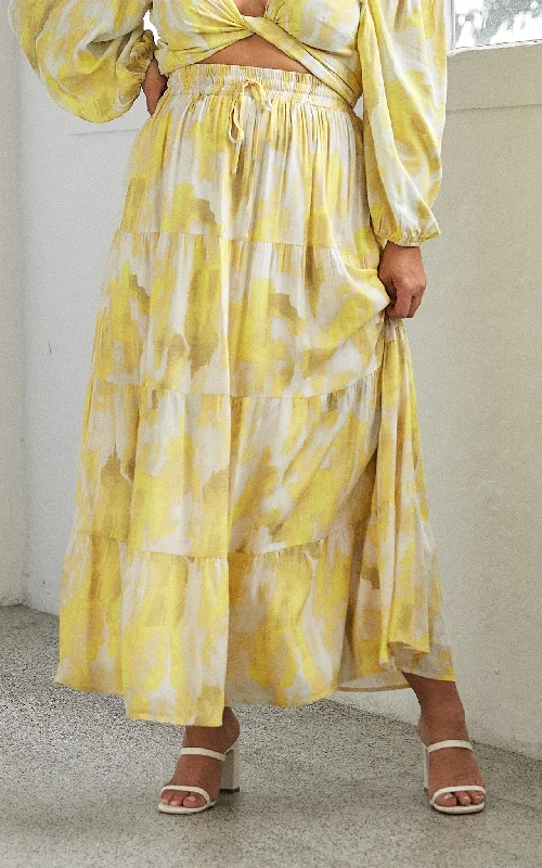 Women's pleated denim skirts with lace details for romantic style -Tilly Maxi Skirt - Yellow Print Women's pleated denim skirts with lace details for romantic style -Tilly Maxi Skirt - Yellow Print