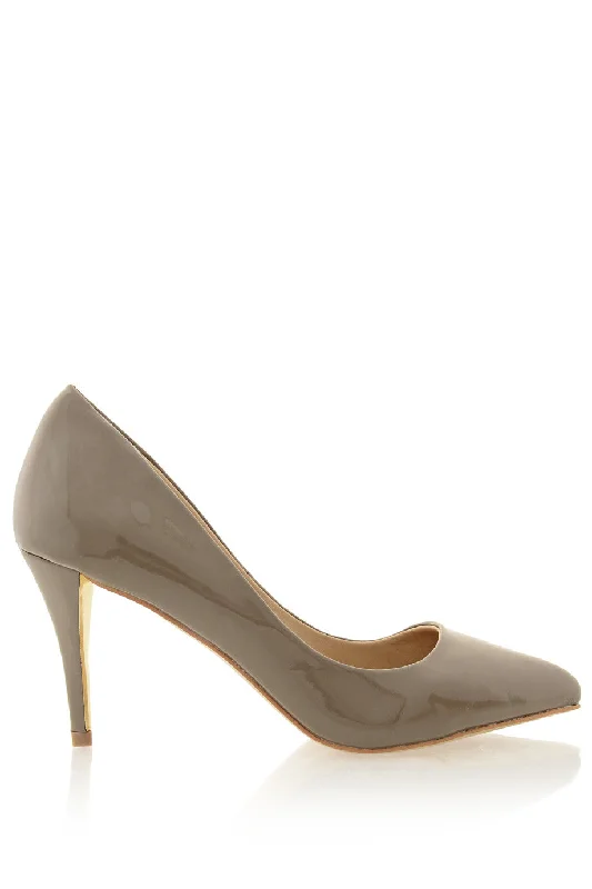 Sleek and Shiny Patent Pump Heels for a Polished Look--AGNES Taupe Patent Court Pumps