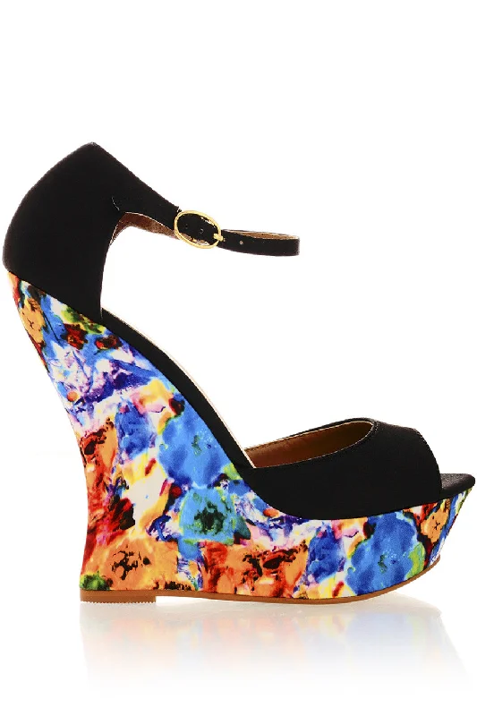 Stylish Ankle Strap Heels for Women--BLOSSOMS Black Ankle Strap Wedges