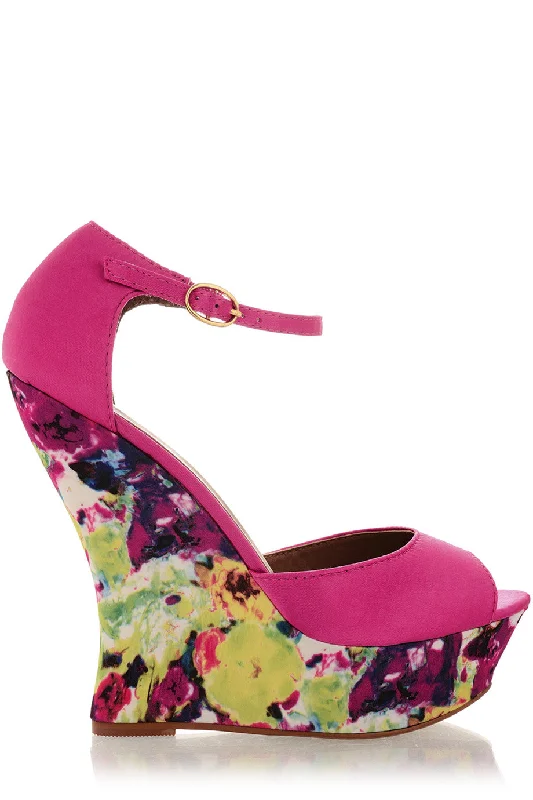 Stylish Ankle Strap Heels for Women--BLOSSOMS Fuchsia Ankle Strap Wedges