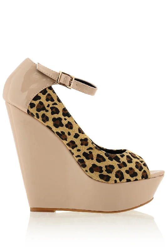 Stylish Ankle Strap Heels for Women--BOTINA Leopard Ankle Strap Wedges