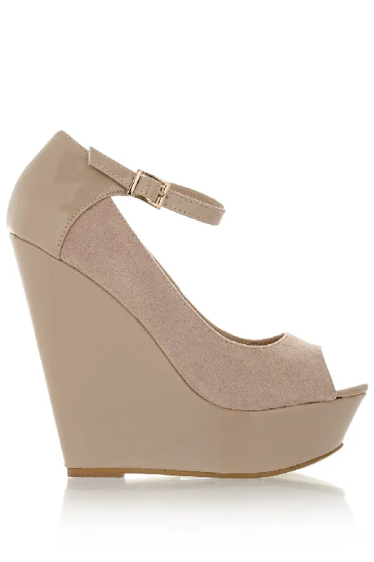 Stylish Ankle Strap Heels for Women--BOTINA Nude Ankle Strap Wedges