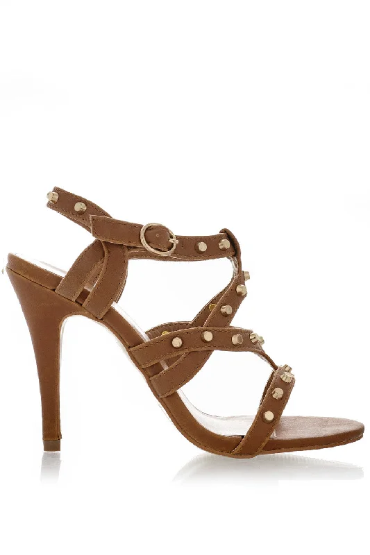 Stiletto Heel Pumps with Perfect Fit--CYNDIE Brown Studded Heels-Fashionable & Classic