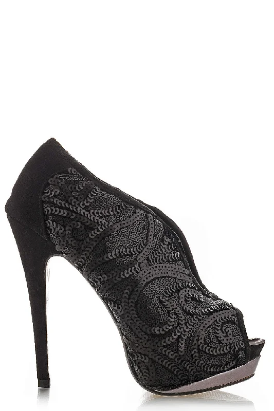 EVETTE Black Sequined Peep Toe---Trendy Glitter Heels for a Glamorous Look