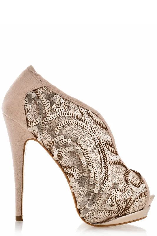 EVETTE Nude Sequined Peep Toe---Trendy Glitter Heels for a Glamorous Look