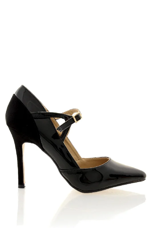 Stylish Ankle Strap Heels for Women--FELICIA Black Ankle Strap Court Shoes