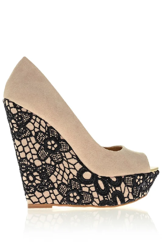 Stylish Lace Pumps for a Chic Look--KARLIE Nude Lace Wedges