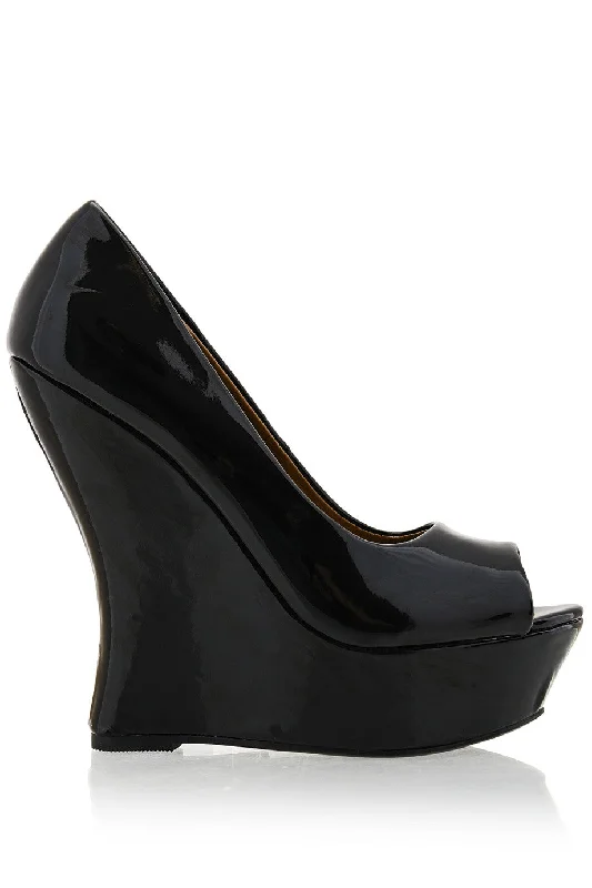 Sleek and Shiny Patent Pump Heels for a Polished Look--MELLIE Black Patent Peep Toe Wedges