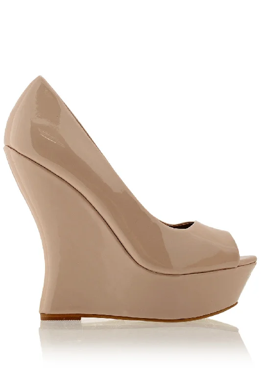 Sleek and Shiny Patent Pump Heels for a Polished Look--MELLIE Nude Patent Peep Toe Wedges