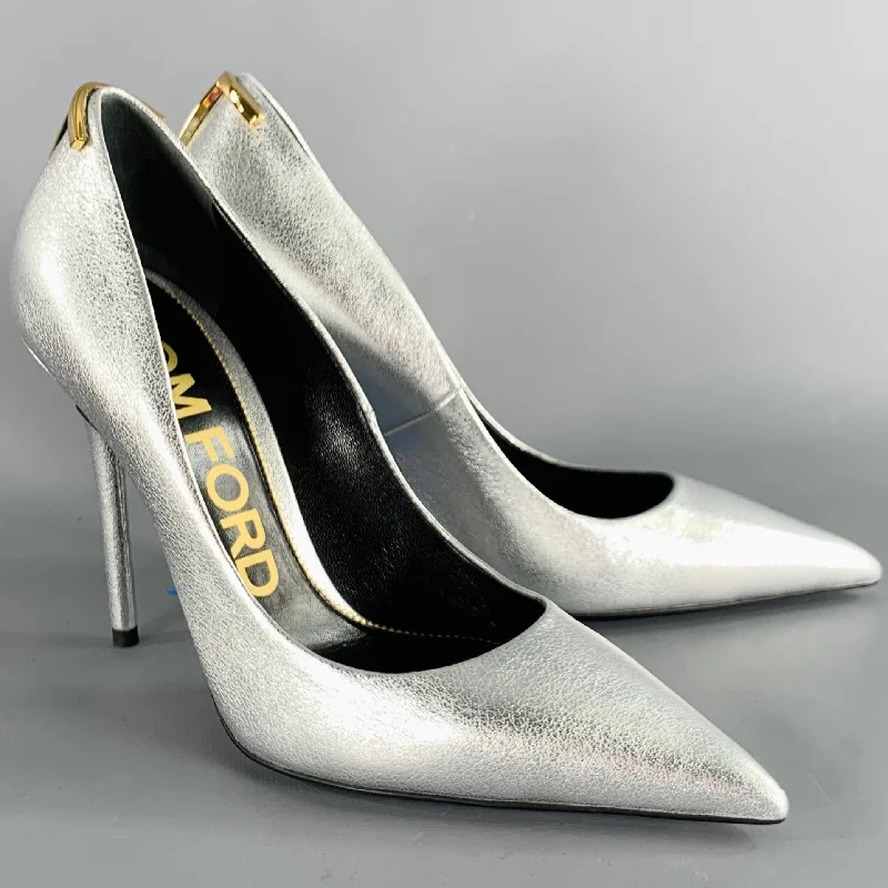 Stiletto Heel Pumps with Perfect Fit--TOM FORD Size 8 Silver Gold Sheepskin Leather Metallic Pointed Toe Heels Pumps-Fashionable & Classic