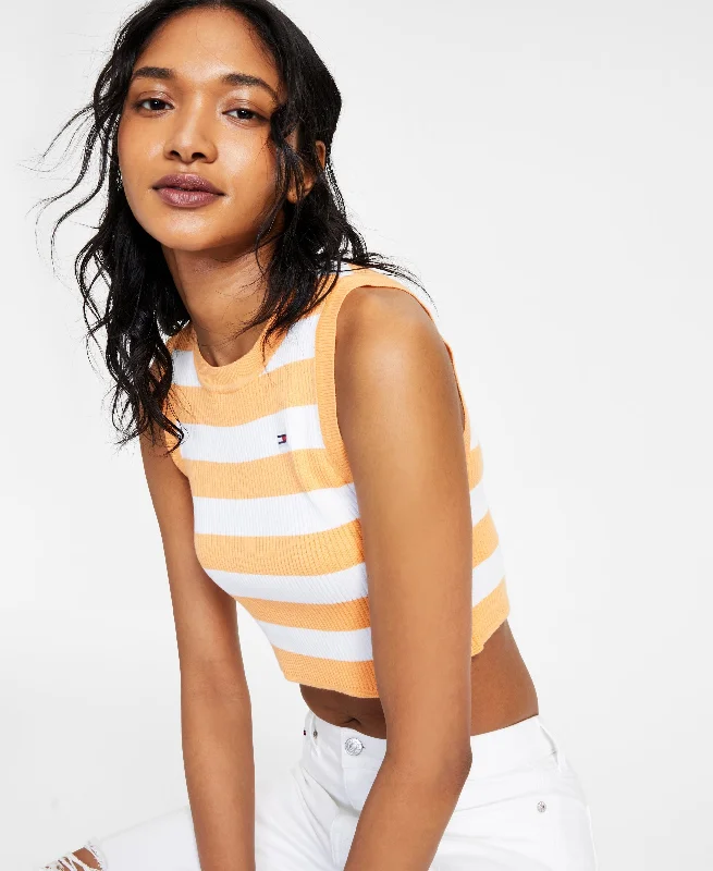 Women's denim tank top for outdoor activities and events -Tommy Jeans Womens Striped Cropped Sweater Tank Top