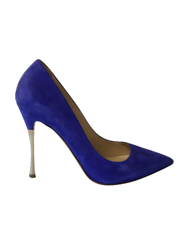 Affordable Suede Ankle Pumps for All-Day Wear--Blue Suede Pointed Toe Pumps with Metal Heels