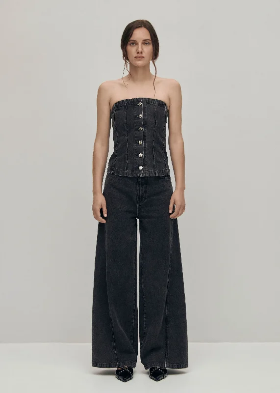 Women's denim tank top with embroidery for playful look -Troyes Black Denim Tank