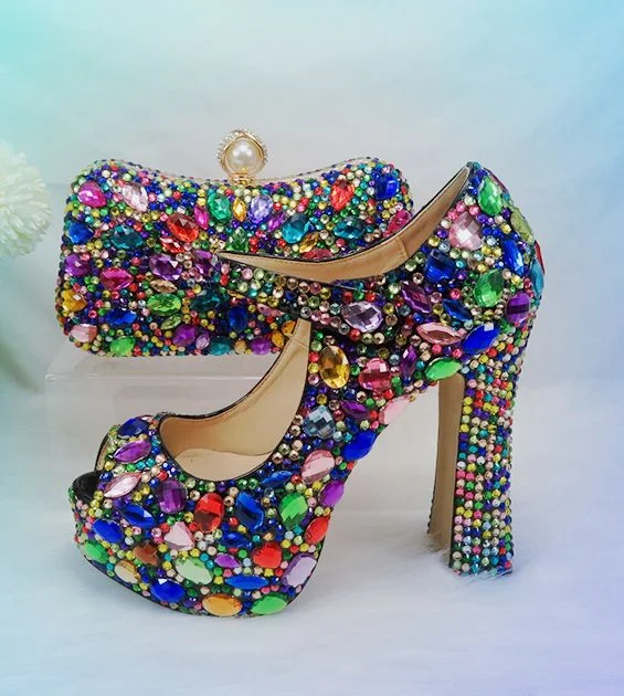 Affordable Rhinestone Pumps for a Dazzling Look---TX fashion chunky large size high heels color rhinestone wedding shoes fish mouth bag shoes women