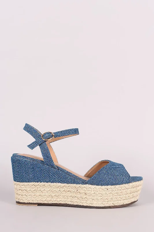 Stylish Ankle Strap Heels for Women--Bamboo Denim Ankle Strap Espadrille Platform Wedge