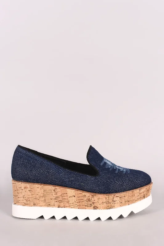 Trendy Chunky Heel Pumps for Casual Wear--Bamboo Distressed Denim Lug Sole Loafer Platform Wedge