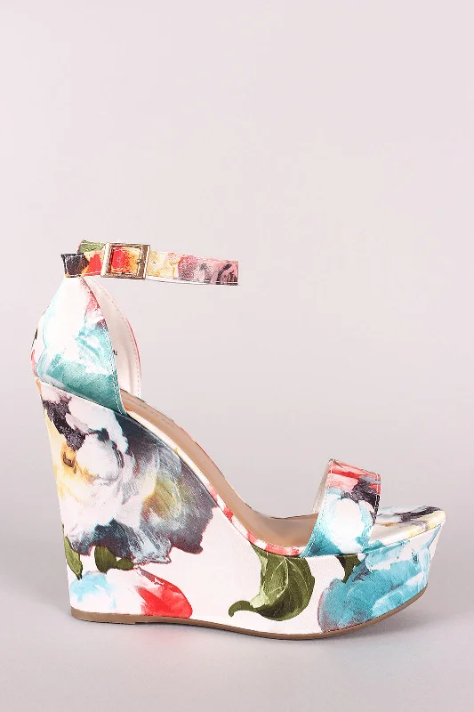 Stylish Ankle Strap Heels for Women--Bamboo Floral Print Ankle Strap Platform Wedge