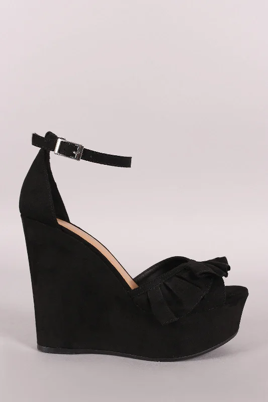 Stylish Ankle Strap Heels for Women--Bamboo Ruffle Suede Ankle Strap Platform Wedge